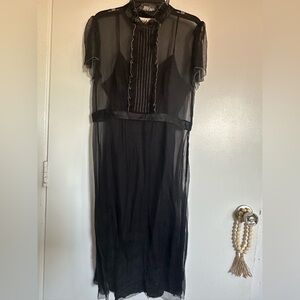 Saja Black Sheer Midi Dress with Ruffle Pintuck Front